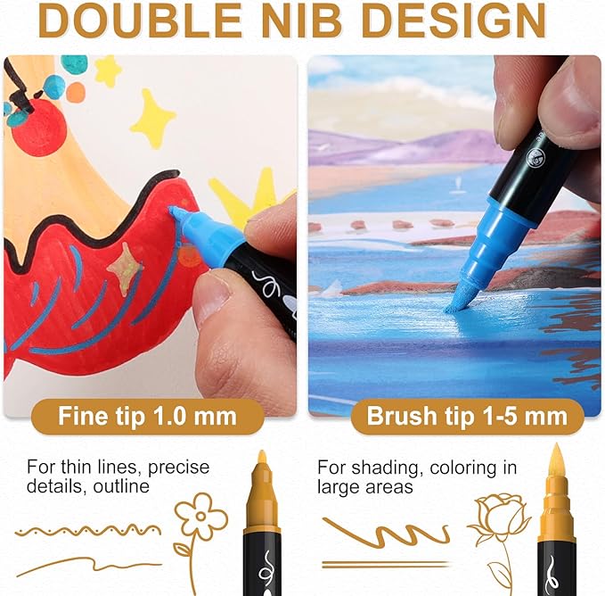 TOSAHRE Acrylic Paint Pens Markers 100 Colors Waterproof Dual Tip Acrylic Markers Set with Brush & Fine Tip Coloring Pens for Rock Painting Wood Scrapbook Fabric Glass Ceramic DIY Craft Art Supplies