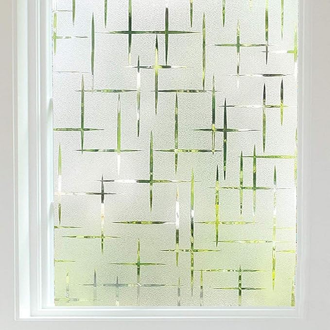 Finnez Frosted Window Film Non-Adhesive, Frosting Privacy Film for Glass Windows, Self Static-Cling Decorative Window Cling for Home Office UV Protection Cross Pattern, 23.6 x 157.4 inches