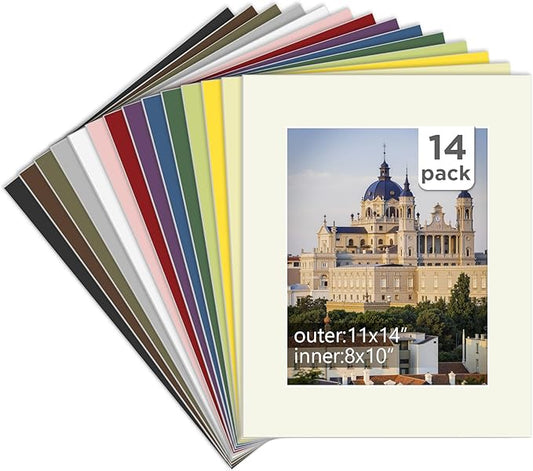 Egofine 14 Packs Picture Frame Mats, 11x14 Picture Mats for 8x10 Photos, Acid-Free Mixed Colors Pre-Cut Photo Board for Photos, Prints, Artworks