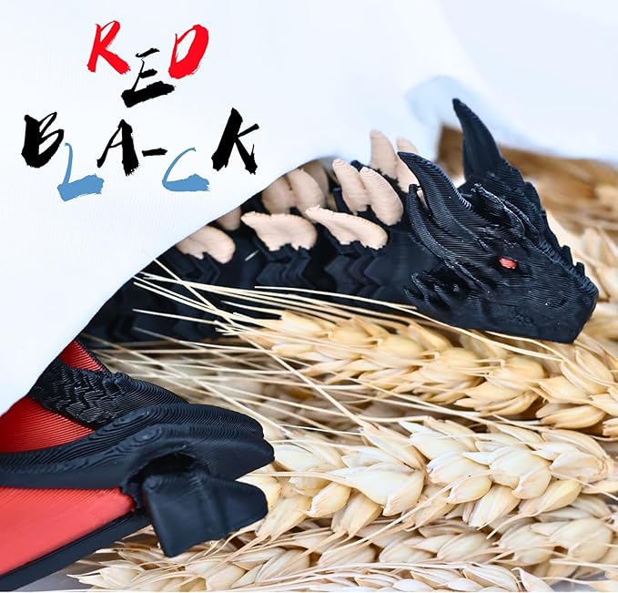 3D Printed Dragon - 12 inch Flying Flexible Dragon with Wings, Home Decor, Birthday Gift, Desk Pet(Red Black-Dragon)