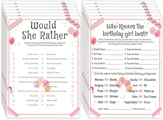 ALodr 20 Pcs Who Knows the Birthday Girl Best, Would She Rather Games for Girl Birthday Party, Funny Birthday Party Games, Double Sided, 5x7 Inches
