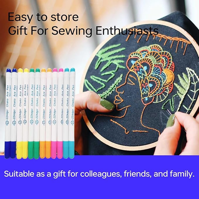 Dinggaogao 12 Pieces Water-Erasable Fabric Pen Set - 6 Colors for Sewing, Embroidery & DIY Tracing Tools