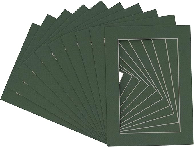 Pack of 25 Acid Free 8.5x11 Mats Bevel Cut for 7x9 Photos - Hunter Green Precut Matboards With Backing Boards and Clear Photo Mat Bags For Pictures, Photos, Framing - 4-ply Thickness