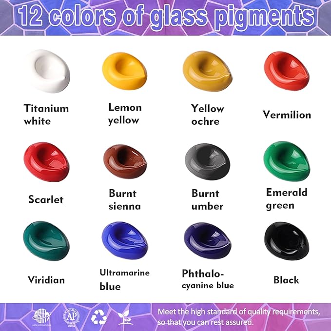 Colorful Acrylic Glass Paint Set with 6 Brushes, 1 Palette, 12 Colors Stain Glass Paints for Wine, Waterproof Acrylic Enamel Paint Kit to Create Translucent Arts on Porcelain, Window & Ceramic