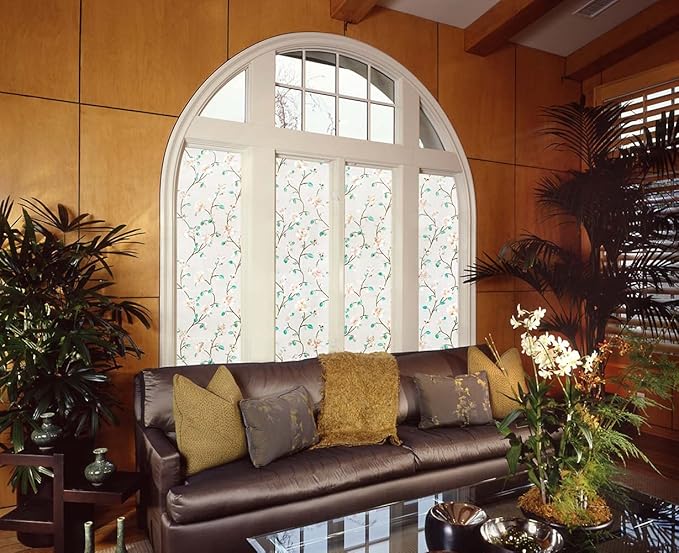 VSUDO Static Cling Decorative Window Privacy Film – Frosted Privacy Window Film with Jasmine Floral & Stained Glass Design, Adhesive-Free Tint for Home, Bathroom & Office (23.6" x 157.5")