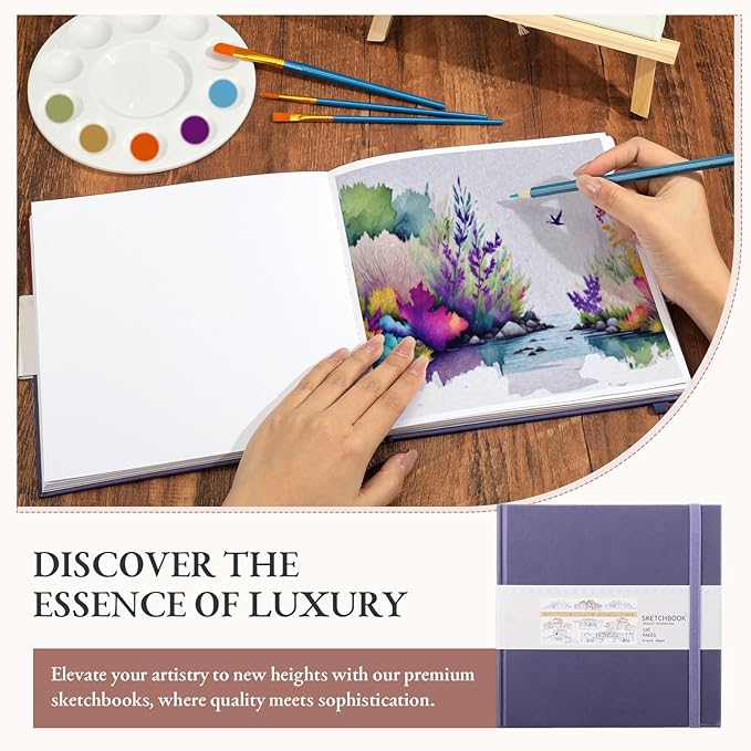 Moinchore Back to School Gifts Square Sketchbook 8 x 8 Inch Hardcover Art Sketch Book Drawing Papers 120 Pages, Mixed Media Journal Notebook with Elastic Closure Sketchbook for Drawing(Purple)