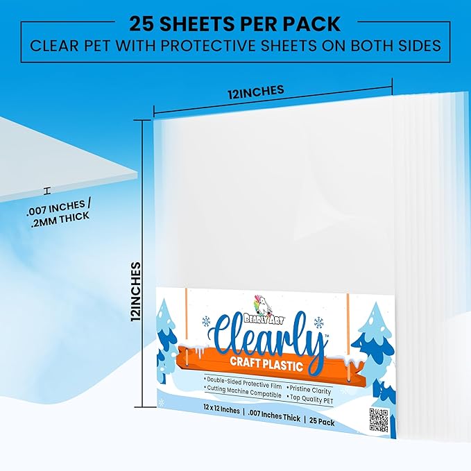 Bearly Art Clearly Craft Plastic - Crystal Clear Acetate Sheets for Crafts 12x12 - .007" - BPA Free - Compatible with Cricut and More - 25 Pack