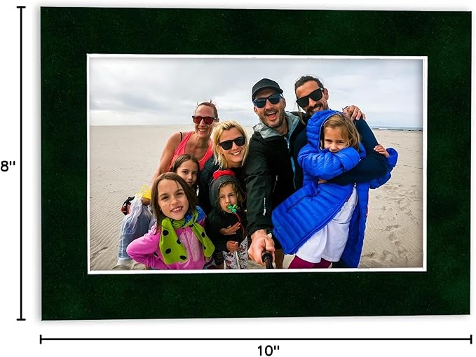 Pack of Ten Acid Free 8x10 Mats Bevel Cut for 5x8 Photos - Green Suede Precut Matboards With Backing Boards and Self Seal Photo Mat Bags For Pictures, Photos, Framing - 4-ply Thickness