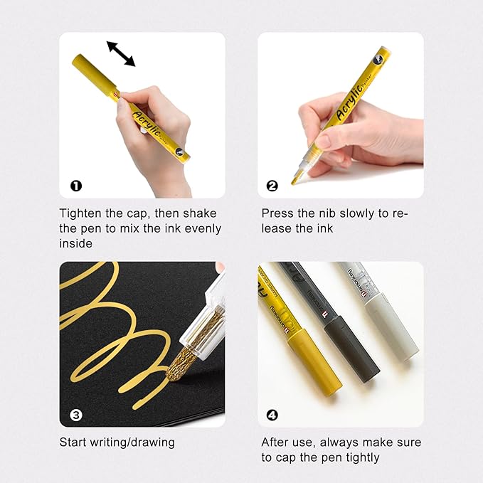 White Paint Marker Pens 6 Pack 1.2mm Fine Tip, Permanent Acrylic Ink for Rock, Wood, Metal, Glass, Ceramic, Plastic, Canvas, Pens for DIY Crafts, Art & Fine Detailing