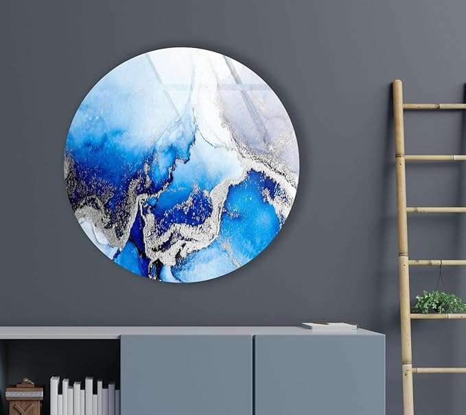 My Photostation.com 31.5''(80cm) Diameter Blue Marble Round with Silver Details Glass Wall Art Tempered Glass Printing Wall Decor Large Wall Art Wall Hangings