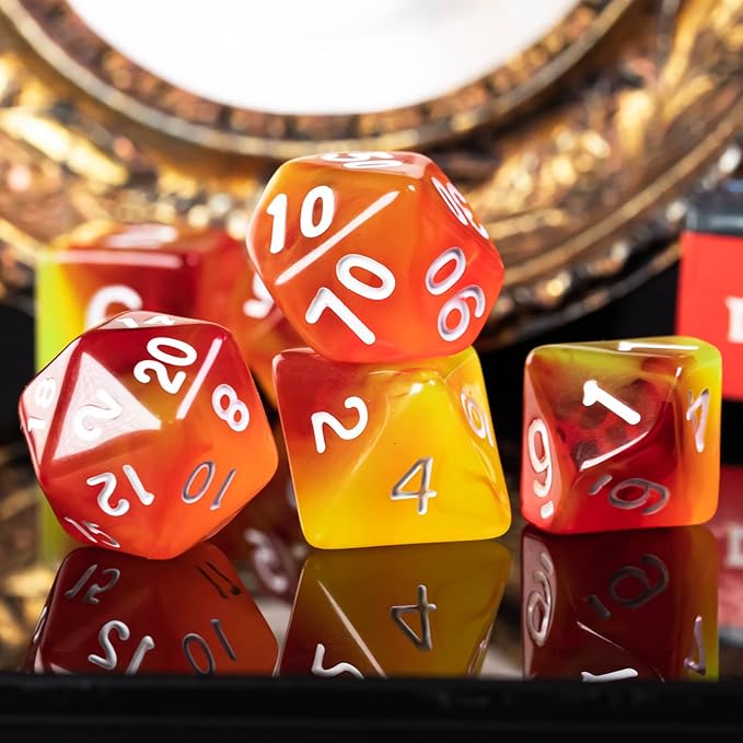 7-Die DND Dice Set Polyhedral Dice Set with a Leather Dice Bag, D&D Dice Set for Dungeons and Dragons, RPG Table Games (T/Red Yellow)