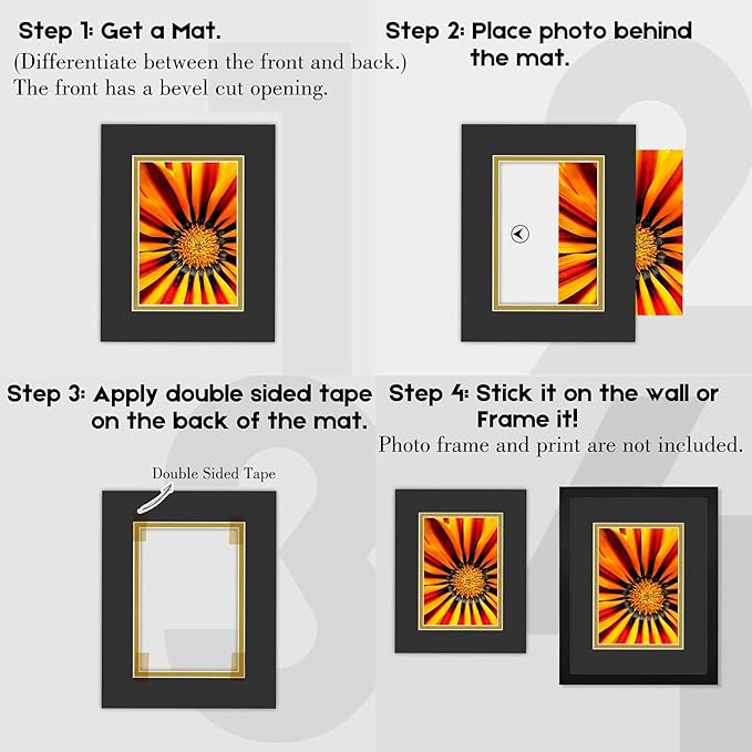 Golden State Art, 11x14 Double Mats for 8x10 - for Photos, Pictures, Frames - Acid-Free, 5 Pack, Black Over Old Gold