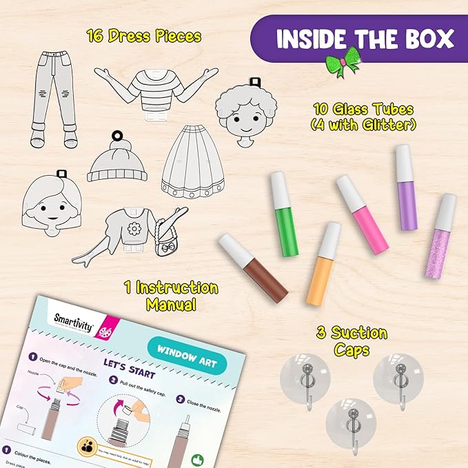 SmartCraft Window Art Fashion Kit with 225 Unique Combinations for Girls 5 to 10 Years Old | Glass Painting Kit | Birthday Gift for 5, 6, 7, 8, 9, 10 | Sun Catcher Art & Craft Activity Kit