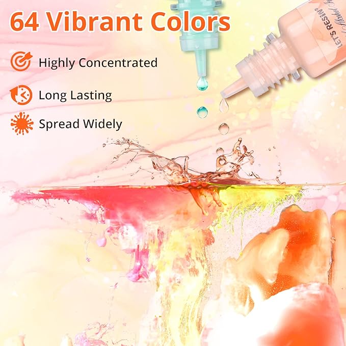LET'S RESIN 64pcs Concentrated Alcohol Ink Set, 9 Pastel and 9 Metallic Vibrant Colors Alcohol-Based Resin Ink for Epoxy Resin, Alcohol Paint Dye for Resin Art, Tumblers, 3D Bloom (Each 0.35oz)