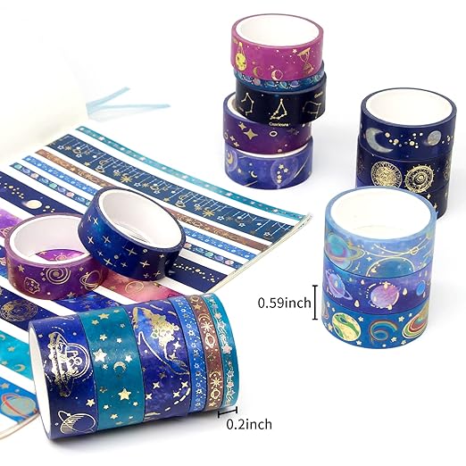 24 Rolls Washi Tape Set - Gold Foil Galaxy Decorative Masking Tape Constellation,Stars,Celestial,Adhesive Tape for Bullet Journal,Diy Craft,Scrapbooking Supplies,Gift Wrapping,Party decoration
