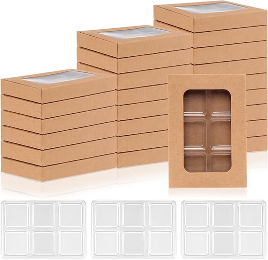 100 PCS Gift Boxes for Wax Melts 6 Cavity Plastic Mold with Box Kraft Wax Melt Boxes Crystal Clear Wax Melt Molds Wax Melts Containers for Wax Cubes Wax Tarts Wax Block(4 * 2.8 Inch)