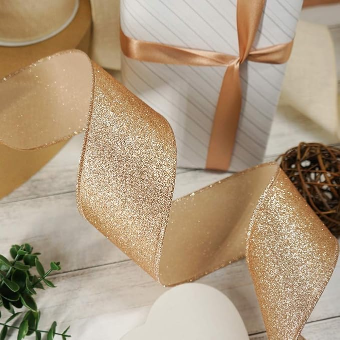 CT CRAFT LLC Glitter Wired Ribbon 2.5" x 10 Yards Gold (Champagne Gold) for Christmas Home Decor Bow Gift Wrapping DIY Crafts Wreath