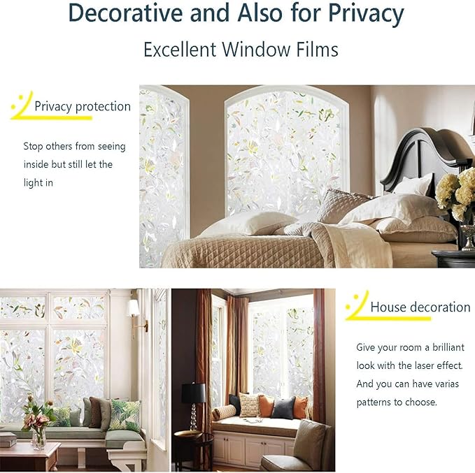 LEMON CLOUD Window Film, Decorative Window Privacy Film, 3D Stained Glass Window Sticker,Anti-UV Sun Blocker Heat Control for Home(Rainbow Tulip Design,29.5 x 157.4 inches)