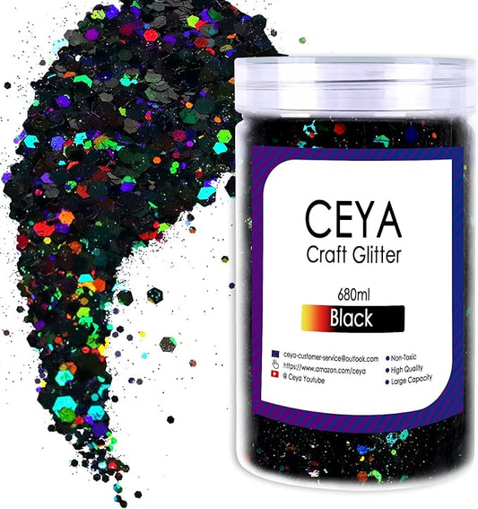 Ceya Holographic Chunky Glitter, 1 LB/ 16OZ Laser Black Bulk Craft Glitter Mixed Chunky Fine Glitter Bottled Metallic Flake Nail Sequins for Resin, Tumblers, Scrapbooking, Festival Decor, Art Project