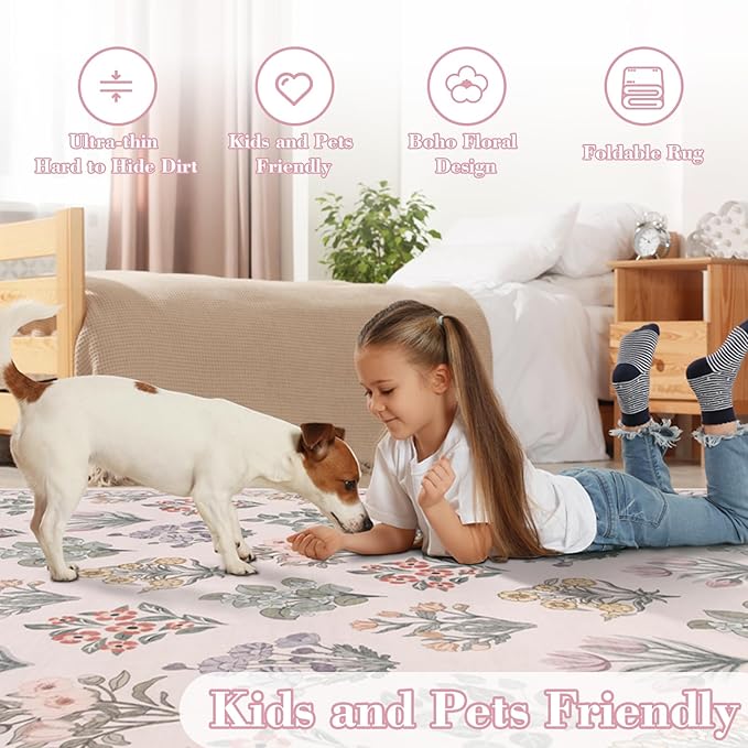 Wonnitar Boho Floral 3x5 Washable Rug, Ultra-Thin Pink Small Rugs for Bedroom, Soft Non Slip Moroccan Throw Carpet for Nursery Girls Bedside Dorm Room Decor, Pale Pink