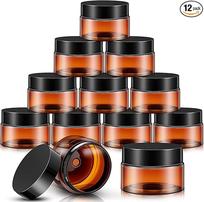 SATINIOR 12 Pack 12 oz Plastic Container Jars with Lids Round Clear Travel Cosmetic Container Slime Jars for Toiletries, Lotion, Cream, Ointments, Makeup, Rhinestone, Samples, Kitchen Storage(Amber)
