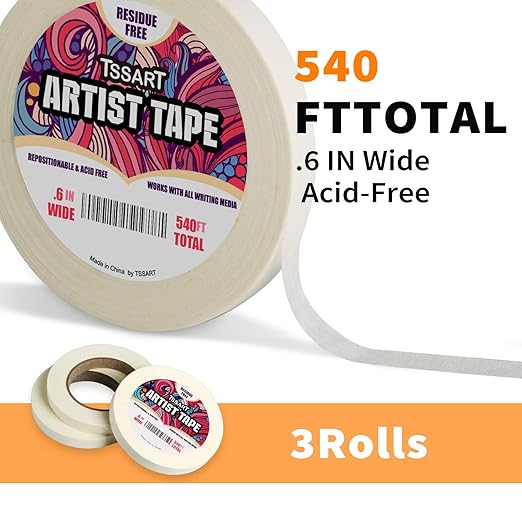 3 Pack White Artist Tape - Masking Artists Tape for Drafting Art Watercolor Painting Canvas Framing - Acid Free 0.6inch Wide 540FT Long Total