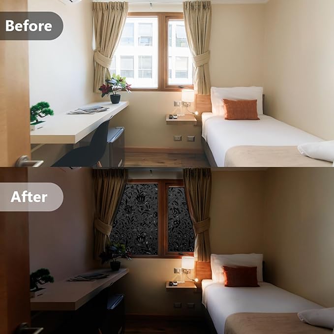 LEMON CLOUD Total Blackout Window Film Privacy Static Cling Frosted Black Window Covering 100% Opaque Film Tint Darkening Removable Film for High Privacy，(Blackout Tulip Design,35.4 x118.1 inches)