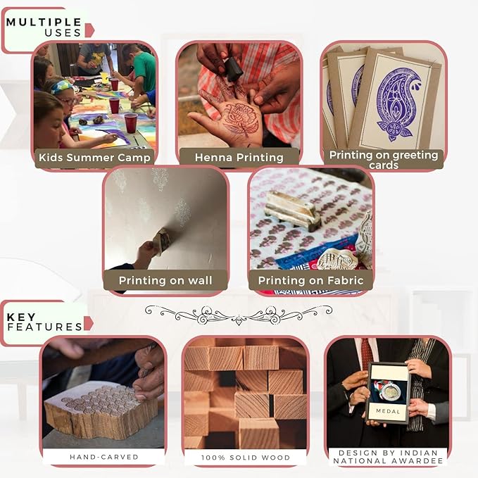 Tree Shape Wooden Block Stamps - Wooden Printing Stamps - Indian Textile Printing Blocks for Tattoo Clay Pottery Henna Card Making Pack of 5, Hashcart®