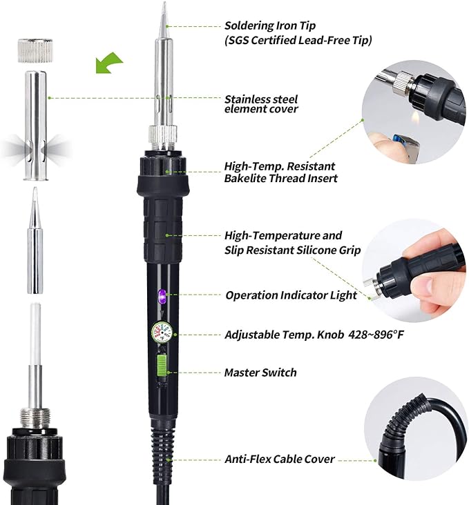 YIHUA 947-III 60W Soldering Iron Kit Adjustable Temperature with Sticky Holder, Tip Cleaner, Cleaning Sponge Power Switch, Operation Indicator, Portable Soldering Kit