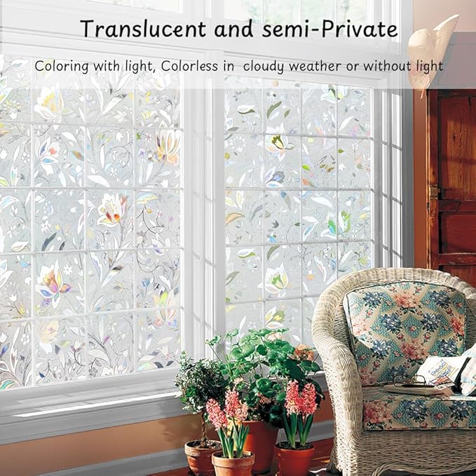 NINETREX Window Privacy Film,3D Stained Glass Window Film,Decorative Window Covering Sun Blocking Vinyl Static Cling Anti-UV Heat Control for Home Decor,Tulip 35.4 x 118.1inch