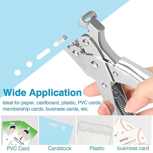 2 in 1 Badge Slot Hole Punch for ID Cards, Heavy Duty Hand Punch Metal Hole Puncher for PVC Material, Business Cards, Paper and Cardstock (5mm Round Hole &13mm X 3mm Slot Hole, Silver)