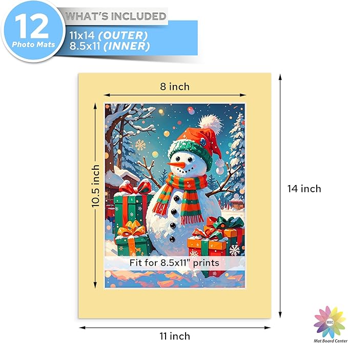 Mat Board Center, 11X14 Mix Color Mats for 8.5X11 Pictures - Acid Free, 4-Ply Thickness, White Core, Bevel Cut - for Artworks, Photos, Framing - Pack of 12