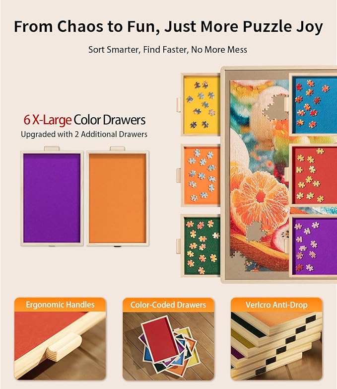 Join&Joy 2000 Piece Puzzle Board Pro, with 6 Drawers & Cover, 40" x 29", Sort-Wise Colorful Felt Drawers, Wooden Jigsaw Puzzle Board, Birthday Gifts for Mom