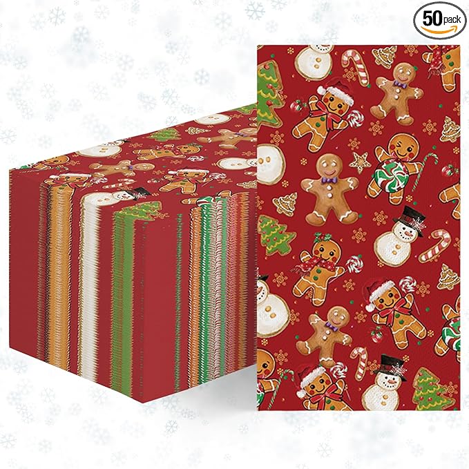 Horaldaily 50 Christmas Disposable Paper Decorative Guest Napkins, Gingerbread Man Hand Towel for Party Lunch Dinner Kitchen Bathroom