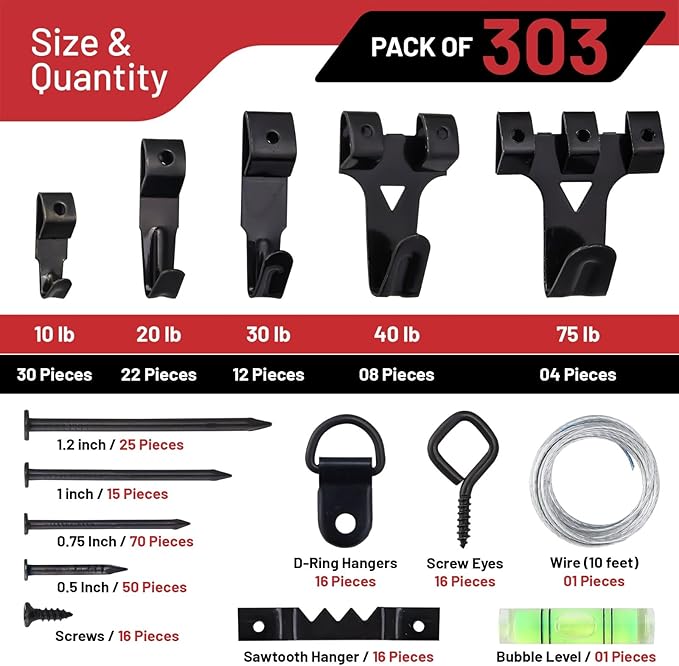 303-Piece Picture Hanging Assortment, Heavy Duty Hooks, Nails, Sawtooth, D-Rings, Wire, Level, and Metal Wall Hooks for Picture Framing and Canvas Mounting (Black)
