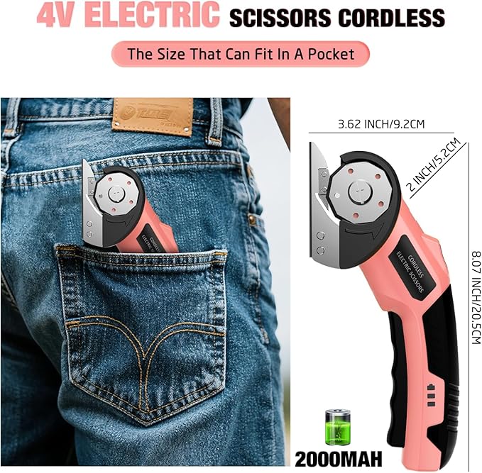 Cordless Electric Scissors: 4V Rechargeable Cardboard Cutter, 3 Blades, Safety Lock & LED Light, Box Cutter for Carton Carpet Plastic Fabric Leather (Pink)