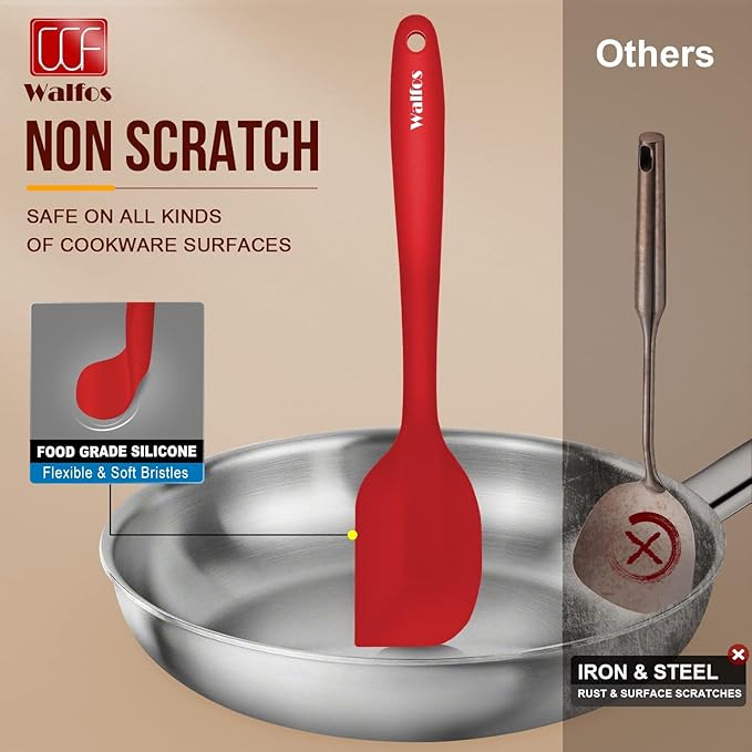 Walfos Silicone Spatula Set of 4(600°F）,Heat Resistant Kitchen Silicone Scraper Spatulas, Strong Steel Core and One-Pieces Seamless Design, For Cooking Mixing & Baking,BPA Free & Dishwasher Safe