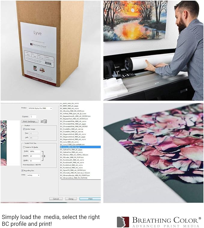 Premium Lyve Matte Canvas Paper Perfect For Use on Professional Makes and Models of Epson, Canon and HP printers preferred by Professionals. 19 mil textured Canvas offered in a 64 inch by 40 ft roll
