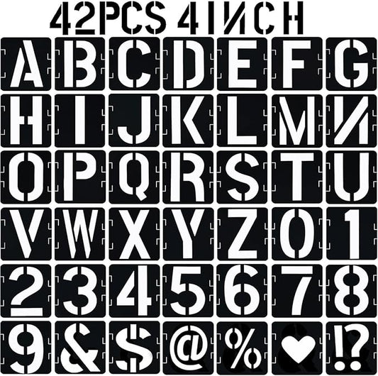 4 in Alphabet Number Stencils for Painting, 42 Pcs Reusable Letter Stencils for DIY Project Art Craft Spray Painting Templates Interlocking Stencil Kits for Wood Signs, Wall Art