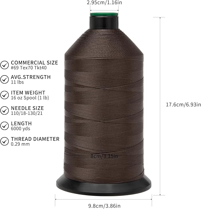 Extra Strong Bonded Nylon Thread #69 Tex70 – 16 OZ, 6000yds, Versatile Stitching Solution for Leather, Upholstery, Canvas Repair and More (Coffee)
