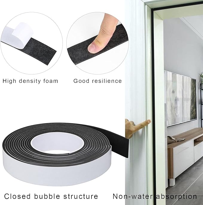 EVA Single-Sided Adhesive Black Foam Tape, 1.18inx16.4FT Single-Sided Sealing Strip Foam Pad Sponge Tape Window Weatherproof, Self-Adhesive Insulation Sealing Tape (Black)