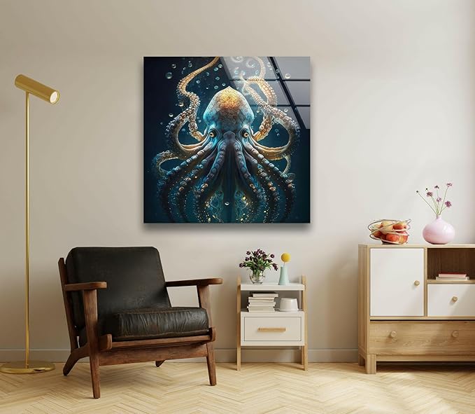 My Photostation.com 40WX60H'' Underwater Blue Octopus Glass Wall Art Tempered Glass Printing Wall Decor Large Wall Art Wall Hangings