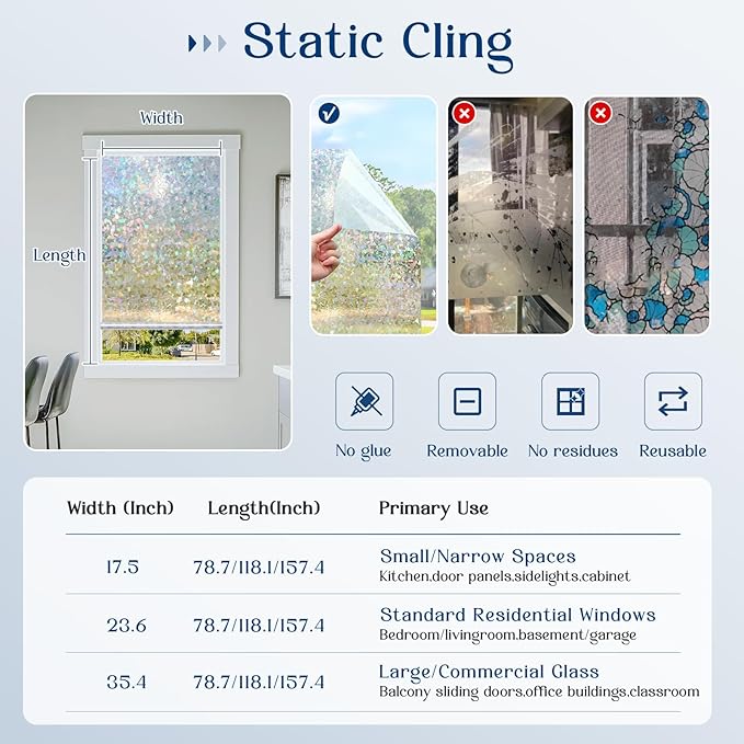 Haton Window Privacy Film, Rainbow Stained Glass Window Clings, 3D Decorative UV Sun Blocking Sticker, Removable Static Cling Heat Control Tint for Home Door, 35.4" x 78.7" Non-Adhesive