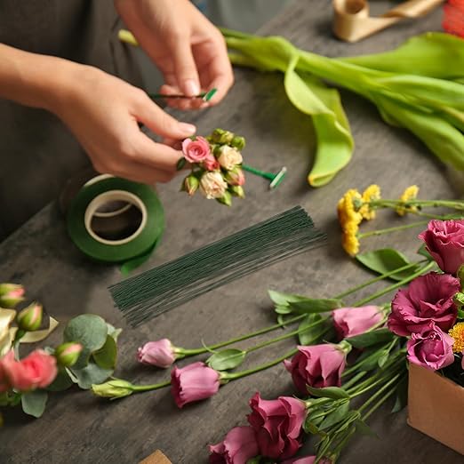 PATIKIL 16 Gauge 16" Floral Stem Wire, 100 Pcs Paper Wrapped Iron Artificial Flower Stem Accessories for DIY Bouquet Stem and Craft Decoration, Dark Green