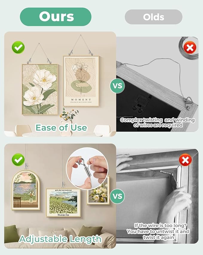 Picture Hanging Wire Kit, 4Pcs Adjustable Frame Wire 2m x 1mm Small Hooks Heavy Duty 50lbs, 8pcs 3-Hole D Rings Picture Hangers with Screws, for Canvas Paintings/ Mirrors/ Frames
