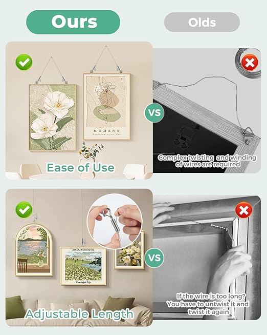 4PCS Adjustable Picture Hanging Wire 0.5m x 1.5mm Large Hooks, Picture Frame Wire Kit Heavy Duty 100lbs, Stainless Steel for Art, Mirror, Light Lamp, Billboards, Basket Flowerpot