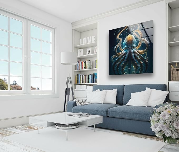 My Photostation.com 24Wx30H'' Underwater Blue Octopus Glass Wall Art Tempered Glass Printing Wall Decor Large Wall Art Wall Hangings