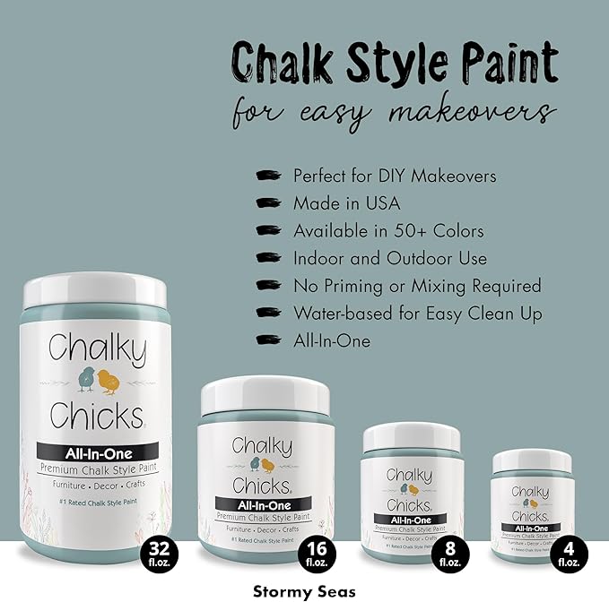 Chalky Chicks All-in-One Chalk Paint for Furniture or Cabinet - 8Fl Oz - Matte Finish Stormy Seas (Light Blue) for Metal, Wood Furniture Paint - No Sanding All-in-One for Home Decor & Crafts, USA Made