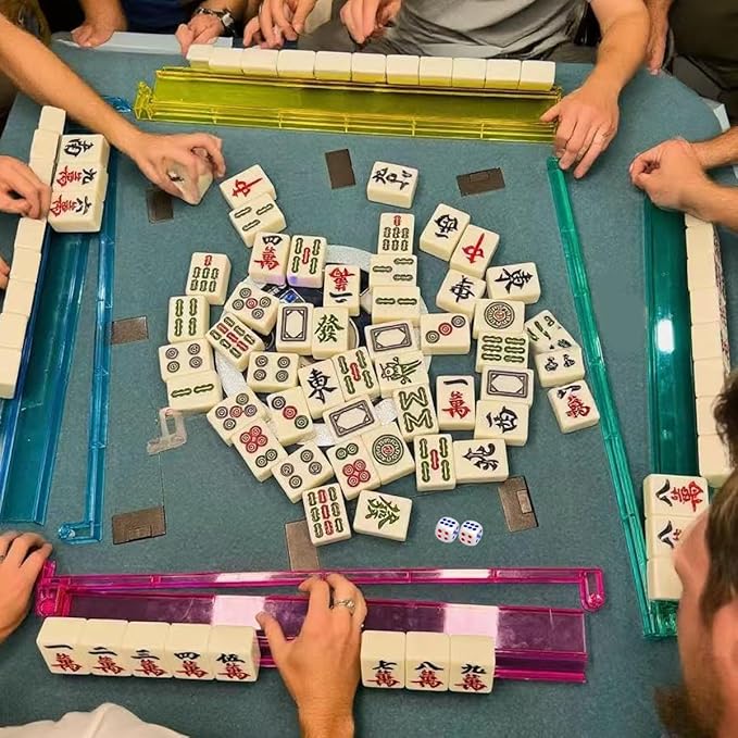 Mahjong All-in-One Tile Rack & Pusher, Clear Acrylic Mahjong Rack and Pusher Combo, Enhanced Mah Jongg Tile Holders Set of 4，Color，with 4 Dics