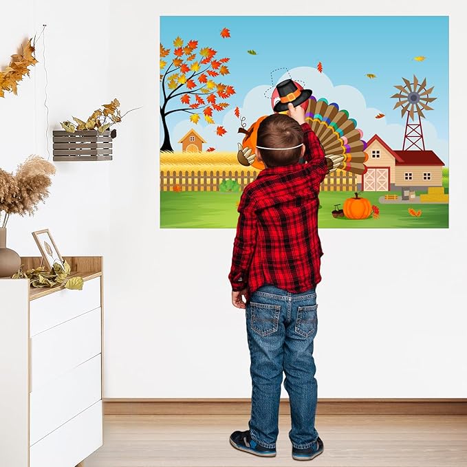 ASTARON Pin The Hat on Turkey Thanksgiving Pin The Tail Party Games Activities for Kids 36 Stickers Fall Festival Kids Birthday Family Party Games